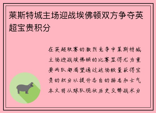 莱斯特城主场迎战埃佛顿双方争夺英超宝贵积分